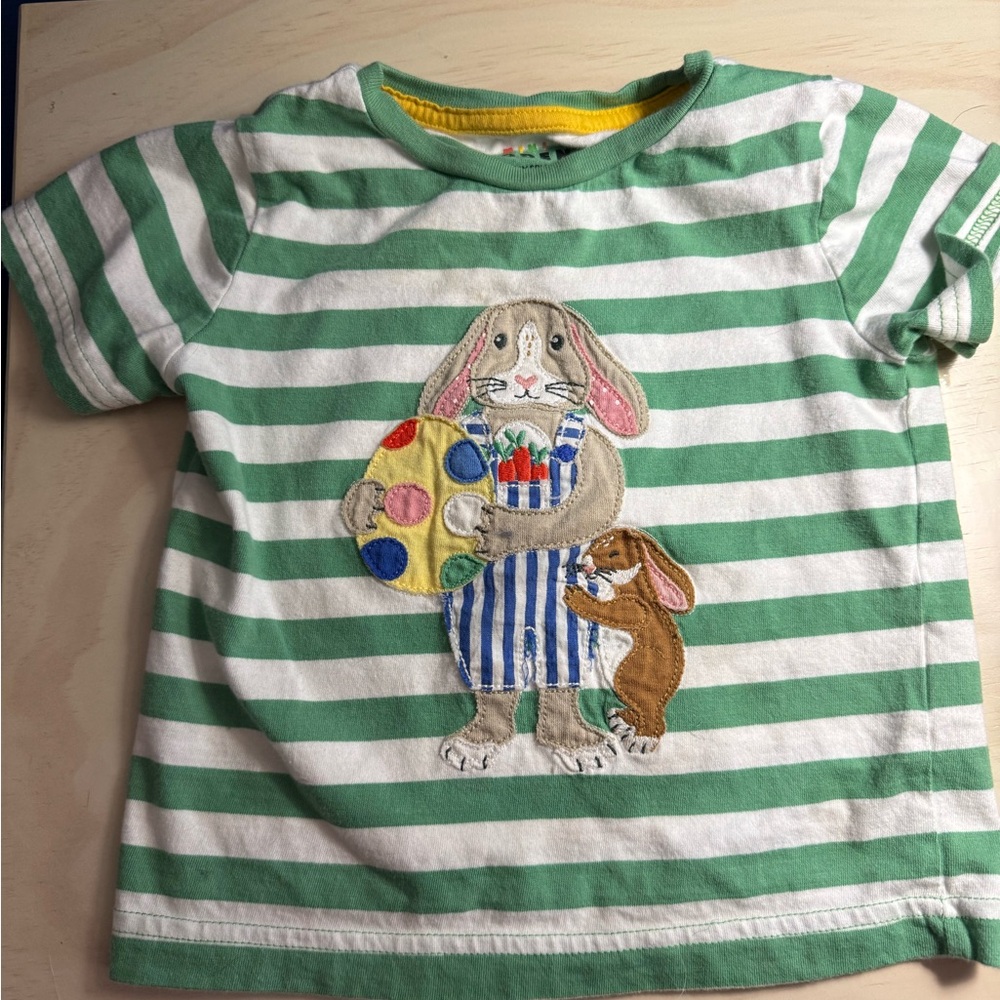 Mini Boden Green Striped Tee with Bunny and Paint Palette
